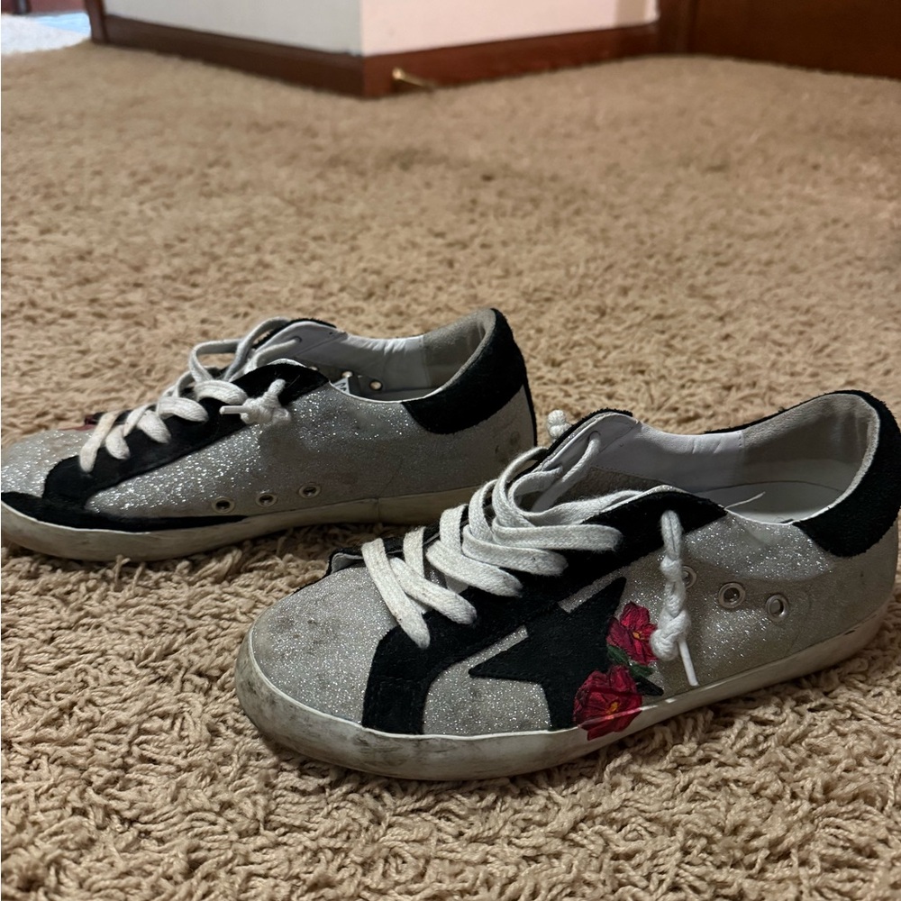 Golden Goose White Silver Sneakers with Black Star and Red Floral Embroidery - Picture 12 of 15